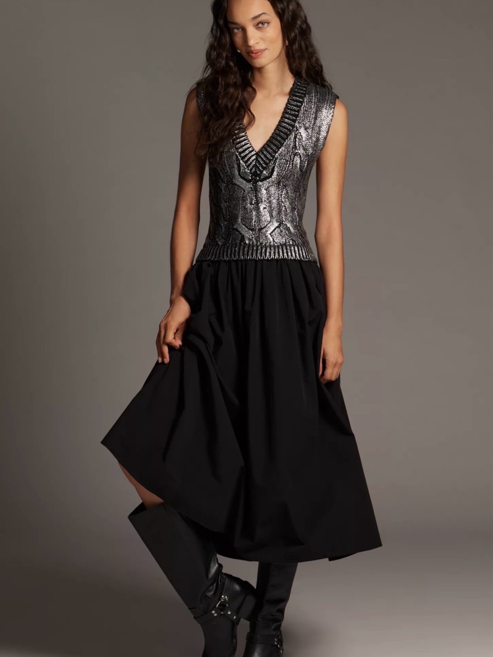 Pilcro Silver Metallic V-Neck Sleeveless Maxi Dress with Black Skirt